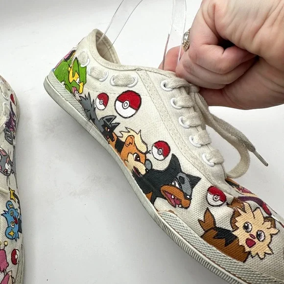 Hand Painted Pokemon Shoes Size 8 WIDE Custom Anime Manga Fan Art Canvas Comicon - Picture 8 of 11